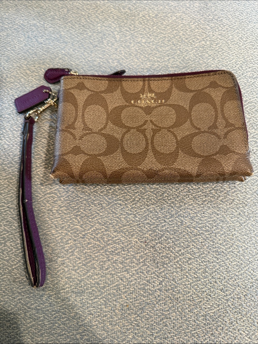Coach Brown Logo Canvas Wristlet with Purple Trim